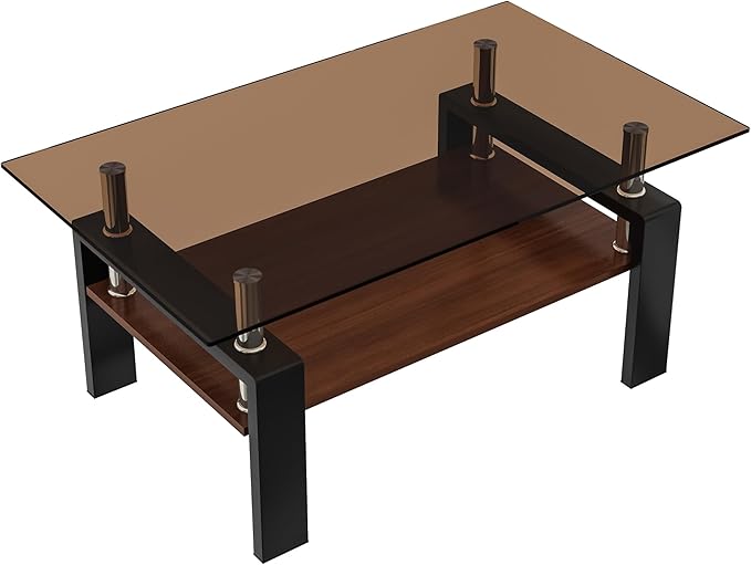 39" Brown Glass Coffee Table Walnut Modern Living Room Center Table Rectangle, with Wooden MDF Storage Layer, Black Metal Leg, for Small Apartment and Office, Brown-Ruum Studio Home