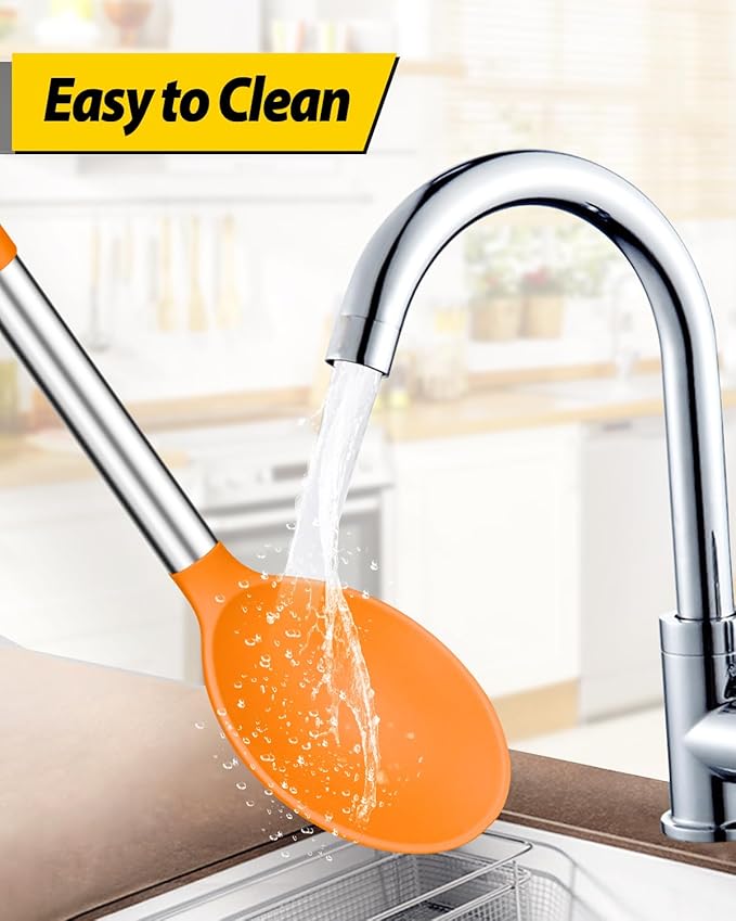 Pack of 2 Large Silicone Cooking Spoons,Non Stick Solid Basting Spoon,Heat-Resistant Kitchen Utensils for Mixing,Serving,Draining,Stirring (ORANGE)-Ruum Studio Home