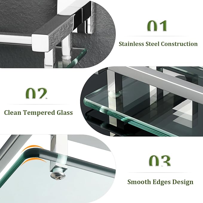 Alise Glass Shelves for Bathroom Wall, Tempered Glass Bathroom Shelf Wall Mounted, Modern Space Saving Floating Shelves 12 inch, Polished Chrome-Ruum Studio Home