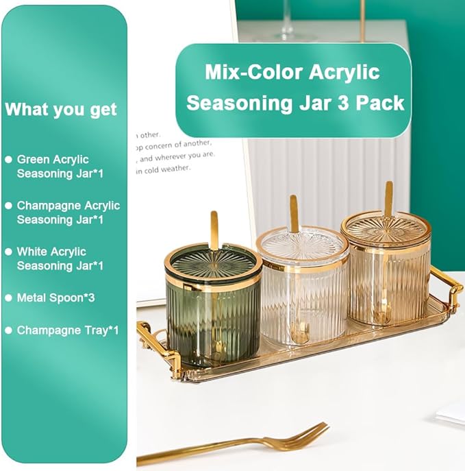 Acrylic Condiment Spice Jars,Condiment Spice Box With Lids and Spoons and Tray,Clear Plastic Sugar Salt Canisters,Seasoning Box 3 Pack,Seasoning Box Set for Kitchen to Storage Salt,Paprika,Sugar-Ruum Studio Home