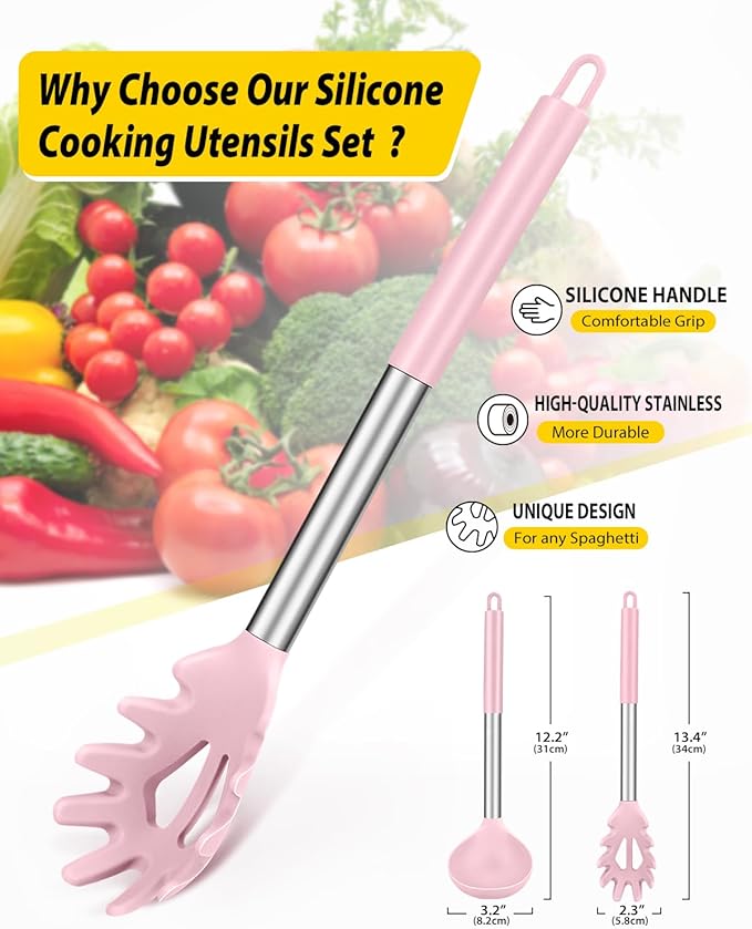 Silicone Pasta Fork and Ladle Spoon Set, Large Non Stick Kitchen Utensils for Cooking,Stirring,Serving Spaghetti, Soup, Sauce (PINK)-Ruum Studio Home
