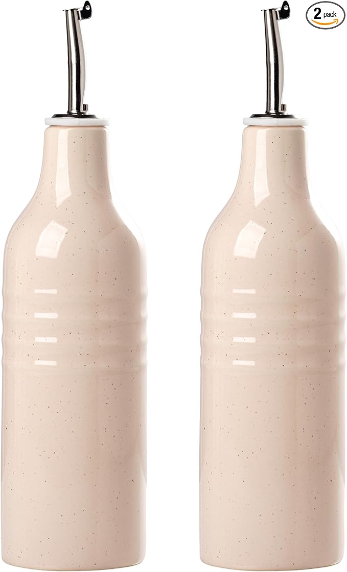 famiware Jupiter 16oz Ceramic Olive Oil Dispenser Bottle, Olive Oil and Vinegar Dispenser Bottle Set of 2 with Stainless Steel Pourers, Suitable for Storage Vinegar, Liquids, Light Pink-Ruum Studio Home