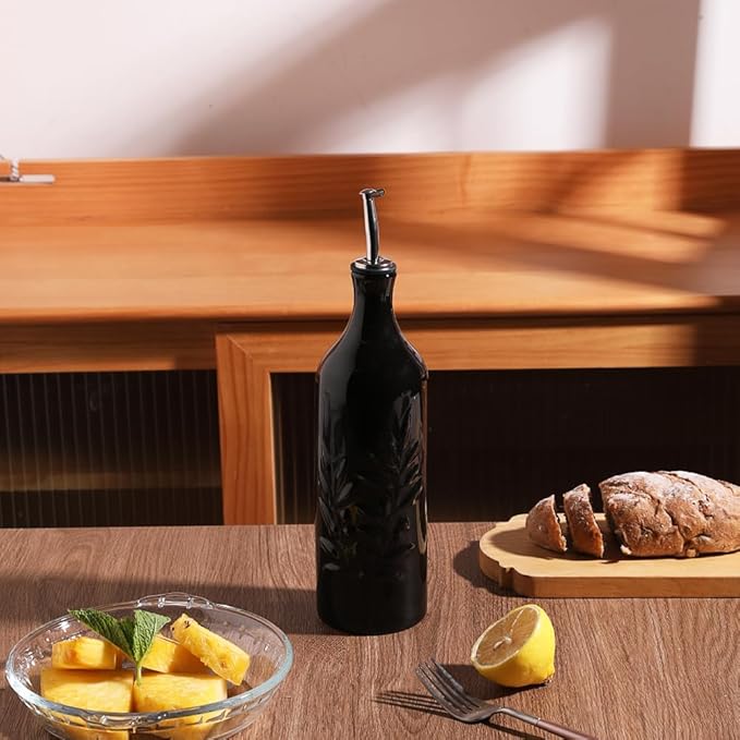 Sweejar Large Ceramic Olive Oil Dispenser Bottle, 24 Oz Relief Opaque Oil Cruet Protects Oil To Reduce Oxidation, Storage Vinegar, Soy Sauce, Coffee Syrup, Liquids, Set of 1 (Black)-Ruum Studio Home