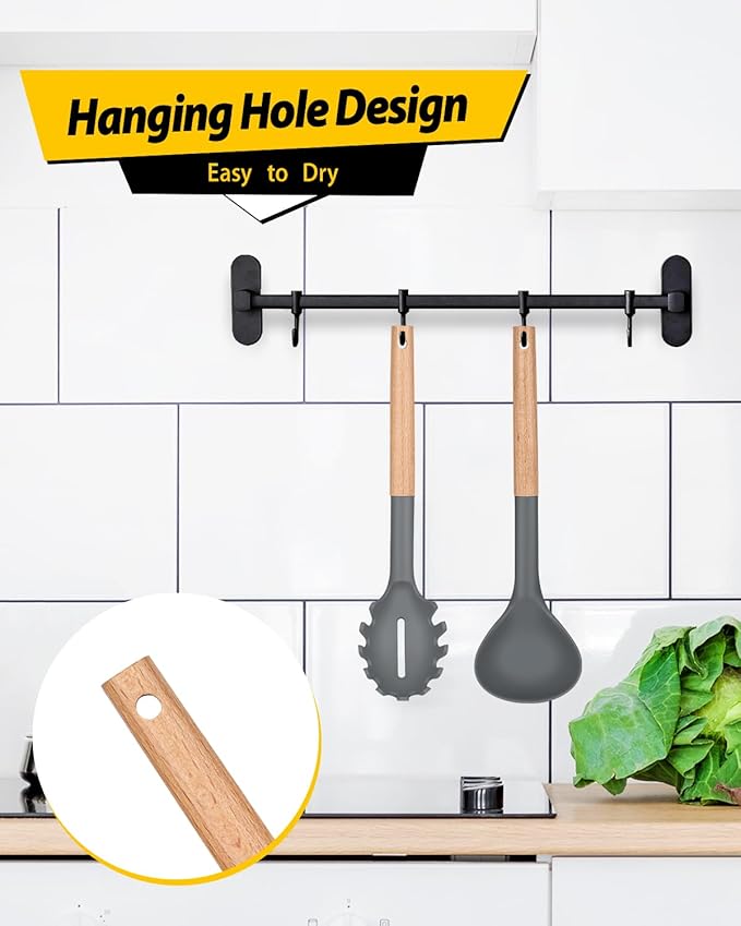 Silicone Pasta Fork and Ladle Spoon Set with Wooden Handle, Heat Resistant Non Stick Kitchen Utensils for Cooking, Stirring, Serving Spaghetti, Soup, Sauce(GRAY)-Ruum Studio Home