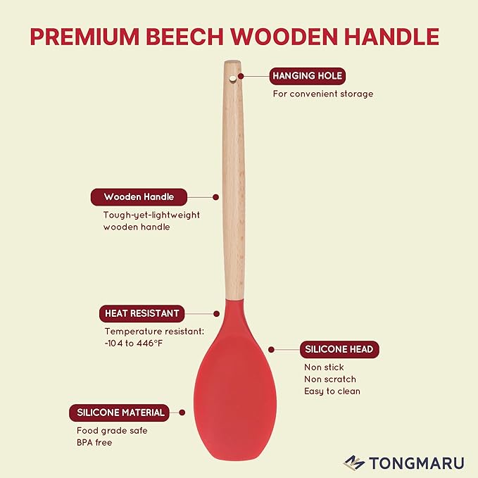 Silicone Cooking Utensils Set, Premium Beech Wood Handle Kitchen Gadgets Utensil Set, Non-Stick Kitchen Utensils Spatula, Tongs, Turner, Whisk, Brush, Spoon, BPA FREE, 446°F Resistant (Red)-Ruum Studio Home