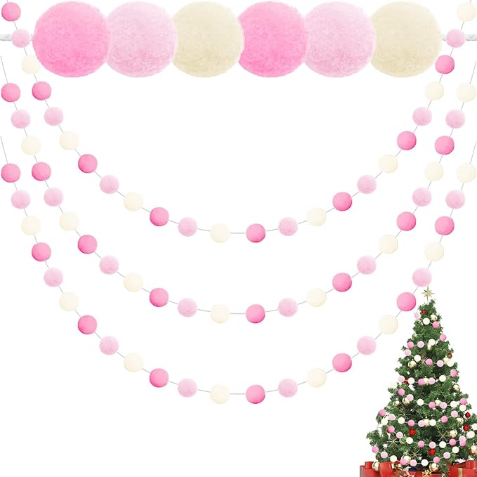 Jishi 3-Pack Pom Pom Garland Pink Felt Ball Ornament Garland Christmas Decorations, Cute Pompom Strings for Christmas Tree Decor, Xmas Holiday Party, Birthday Banner - 6.6 Feet Long, 24 Balls 25mm-Ruum Studio Home