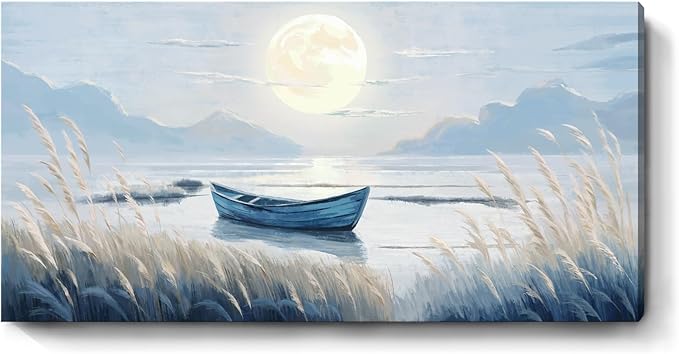 Large Wall Art for Living Room Bedroom Decor - Modern Nautical Beachy Ocean Beach Seascape Nature Artwork with Blue Boat Moon Lake Mountain Sea - Relaxing Serene Canvas Picture for Coastal Rustic Home-Ruum Studio Home