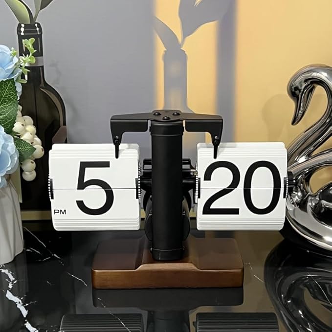 Flip Desk Clock, Retro Vintage Flip Desk Table Clock, Digital Sided Large Numbers Mechanical Flip Clock Wood Base for Living Room, Study Room and Office(Black)