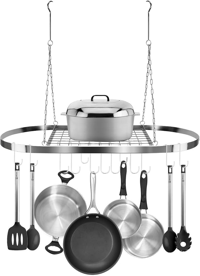 Sorbus® Pot and Pan Rack for Ceiling with Hooks — Decorative Oval Mounted Storage Rack — Multi-Purpose Organizer for Home, Restaurant, Kitchen Cookware, Utensils, Books, Household (Hanging Chrome)-Ruum Studio Home