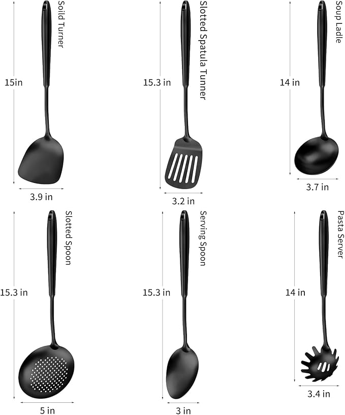 304 Stainless Steel Cooking Utensils,6 Pcs Kitchen Cooking Utensils Set with Spatula, Solid Spoon, Ladle, Skimmer, Spaghetti Spoon,Dishwasher Safe(Black)-Ruum Studio Home