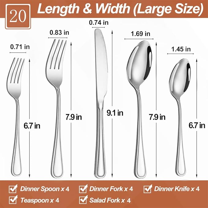 20 Pcs Silverware Set for 4 with Simple Striped Handle Design, Food Grade Stainless Steel Flatware Set, Eating Utensils Sets Include Fork/Knife/Spoon, Reusable Cutlery Set, Dishwasher Safe-Ruum Studio Home