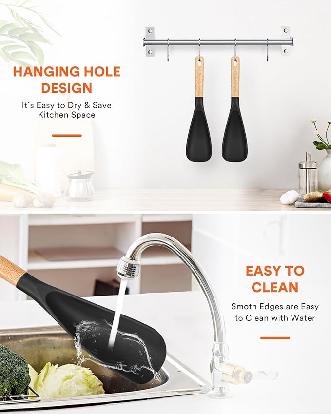 Cooking Spoon for Nonstick Cookwares, Great for Cooking and Serving Sturdy BPA-Free Matte Silicone, Wood Handle Spoon for Mixing, Scoop, and Scrape (2 Pack of Black, 11.4 inch)-Ruum Studio Home