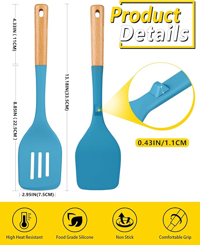 Pack of 2 Large Silicone Spatula, Heat Resistant Solid Turner, Non Stick Slotted Spatulas with Wooden Handle, Ideal Kitchen Utensils for Flipping, Pancakes, Eggs, Fish(BLUE)-Ruum Studio Home