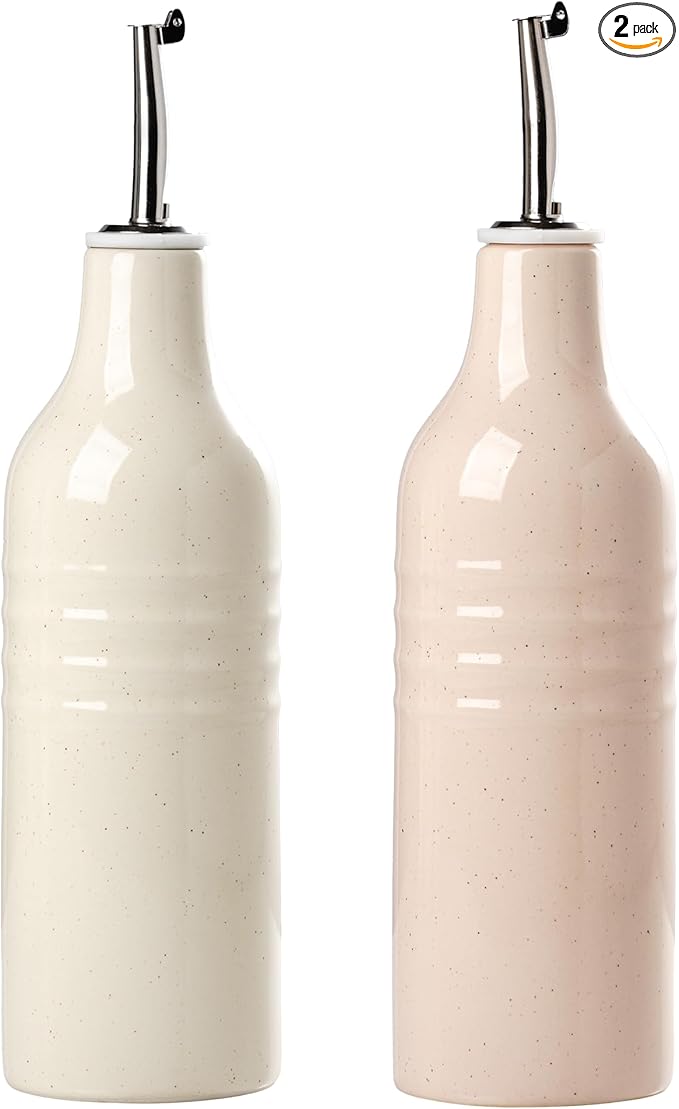 famiware Jupiter 16oz Ceramic Olive Oil Dispenser Bottle, Olive Oil and Vinegar Dispenser Bottle Set of 2 with Stainless Steel Pourers, Suitable for Storage Vinegar, Vanilla White & Light Pink-Ruum Studio Home