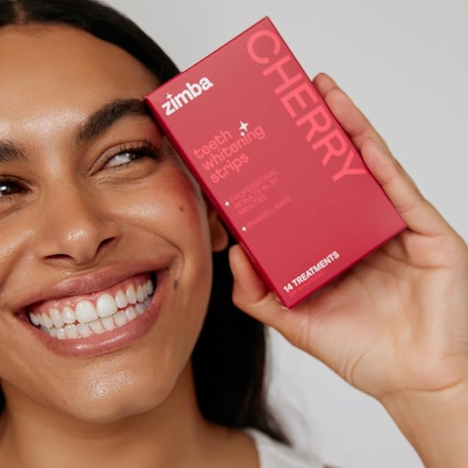New Zimba Cherry Flavored Teeth Whitening Strips | Vegan, Enamel Safe Hydrogen Peroxide Teeth Whitener for Coffee, Wine, Tobacco, and Other Stains | 14 Day Treatment | Cherry-Ruum Studio Home