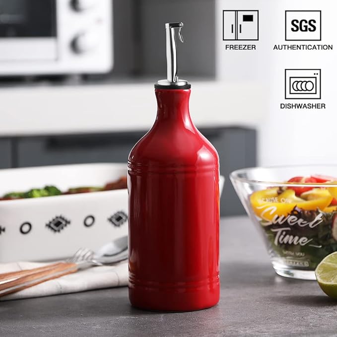 Sweejar Ceramic Olive Oil Dispenser Bottle, Opaque Oil Cruet Protects Oil to Reduce Oxidation, Suitable for Storage Oil, Vinegar, Coffee Syrups & Other Liquids, Pack of 1, 15.5 Fl Oz (Red)-Ruum Studio Home