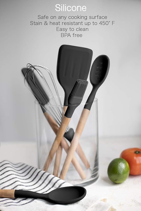 Country Kitchen Non Stick Silicone Utensil Set with Rounded Wood Handles for Cooking and Baking, 6 Piece Set, Black-Ruum Studio Home