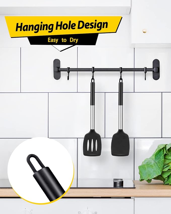 Pack of 2 Silicone Solid Turner, Non Stick Slotted Kitchen Spatulas, High Heat Resistant BPA Free Cooking Utensils, Ideal Cookware for Fish, Eggs, Pancakes(Black)-Ruum Studio Home
