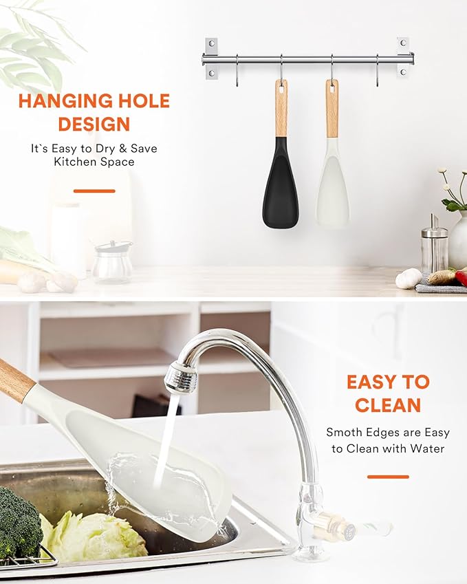 Cooking Spoon for Nonstick Cookwares, Great for Cooking and Serving Sturdy BPA-Free Matte Silicone, Wood Handle Spoon for Mixing, Scoop, and Scrape (Black & White, 11.4 inch)-Ruum Studio Home
