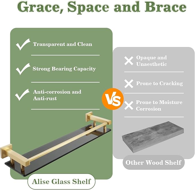 Alise Bathroom Shelves,Gold Glass Shelf for Bathroom, Modern Floating Shelves,20 inch-Ruum Studio Home
