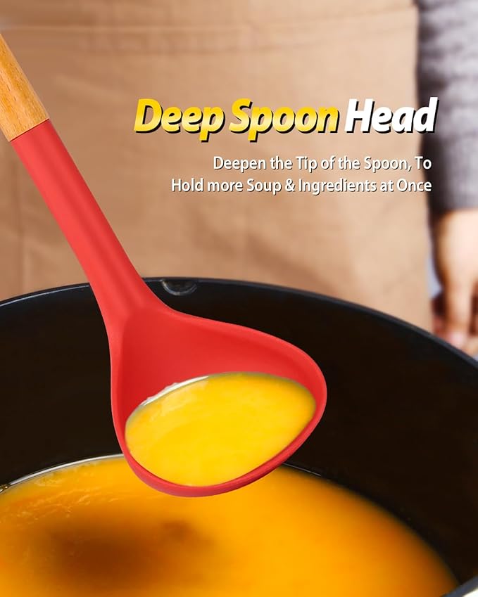 Silicone Pasta Fork and Ladle Spoon Set with Wooden Handle, Heat Resistant Non Stick Kitchen Utensils for Cooking, Stirring, Serving Spaghetti, Soup, Sauce(RED)-Ruum Studio Home