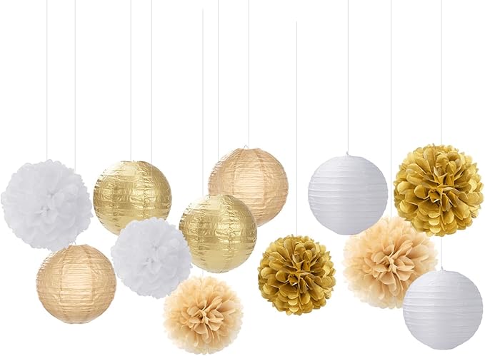White Gold Party-Decorations Paper Flowers Lanterns - 15PCS Engagement Birthday Graduation Wedding Tissue Pom Poms Streamers,Neutral Bachelorette Baby Bridal Shower Hanging Supplies Decor Hugfond-Ruum Studio Home