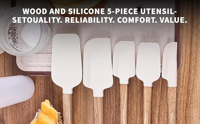 Ptanexx Wooden Handle Silicone Spatula Set 5 Piece, Batter Mixing Spatula, Spatula for Cooking, Jars, Baking, Mixing, Frosting-Ruum Studio Home