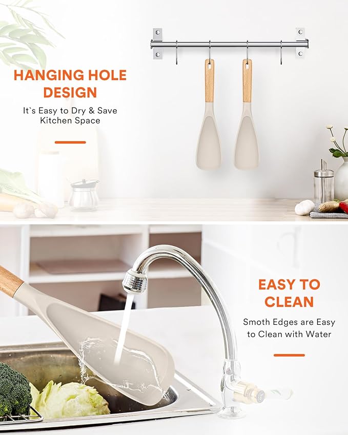 Cooking Spoon for Nonstick Cookwares, Great for Cooking and Serving Sturdy BPA-Free Matte Silicone, Wood Handle Spoon for Mixing, Scoop, and Scrape (2 Pack of Khaki, 11.4 inch)-Ruum Studio Home