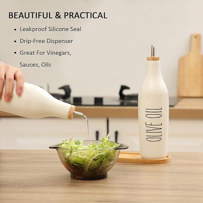 HOMCDALY Ceramic Olive Oil Dispenser for Kitchen, Stoneware 16oz Oil Cruet and Vinegar Bottles Dispenser, Kitchen Dispenser Bottle for EVOO Vinegar Syrups, Modern Farmhouse Design(W-O)-Ruum Studio Home