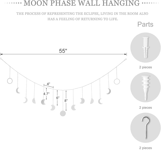 Mkono Moon Phase Wall Hanging Boho Aesthetic Room Decor Metal Moons Garland Hanging Art Bohemian Home Decoration for Girls Room Nursery Bedroom Livingroom Dorm, Ideal, Silver, 55"-Ruum Studio Home