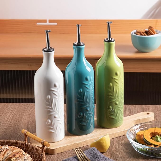 Sweejar Large Olive Oil Dispenser Bottle with Spout, 24 Oz Ceramic Oil Dispenser for Kitchen, Relief Opaque Oil Cruet, Oil Container for Cooking, EVOO, Avocado Oil, Vinegar, Pack of 1(Gradient Green)-Ruum Studio Home