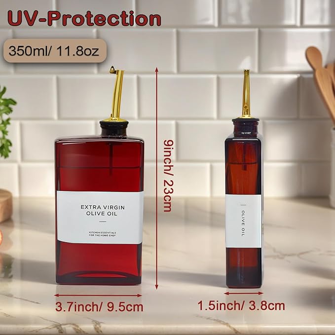 Olive Oil Dispenser Bottle for Kitchen - 11.8oz Dark Glass UV Protection, Oil and Vinegar Dispenser Set, Drip-Free Pourer, Kitchen Essential, 11.8oz, Set of 2-Ruum Studio Home