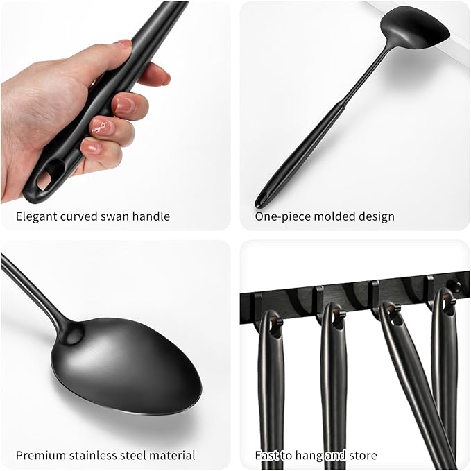 304 Stainlss Steel Matte Kitchen Utensils Set, 12 Pcs Long Metal Cooking Utensil Gadgets Tools Set with Spatula, Ladle, Spoon, Ladle, Skimmer, Tunner, Pasta Server, Tongs(Black, Dishwasher Safe)-Ruum Studio Home