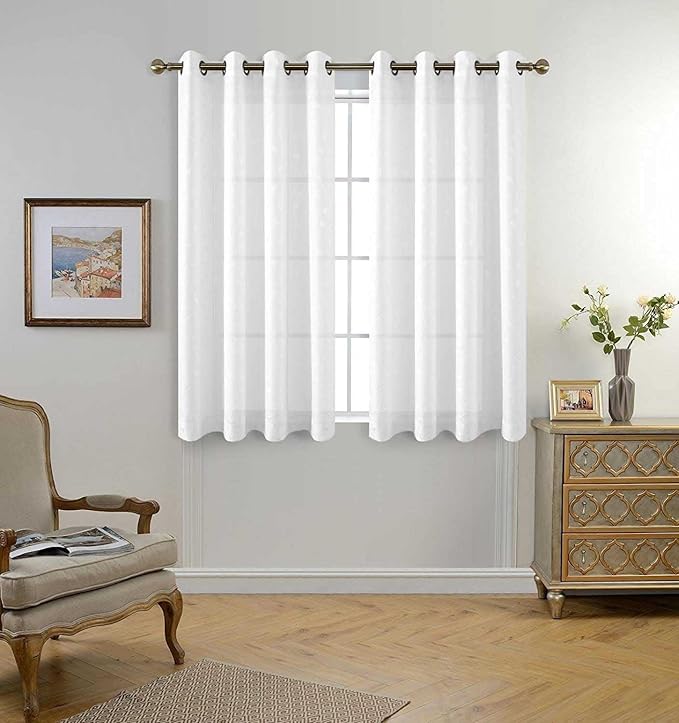 MIUCO Floral Embroidery Semi Sheer Curtains Faux Linen Grommet Window Curtains for Bedroom Living Room 63 Inch Length 2 Panels, Pure White-Ruum Studio Home