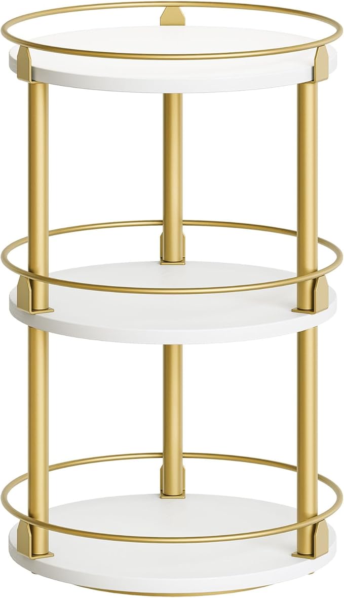 3-Tier Lazy Susan, Rotating Spice Rack, Spinning Organizer, Industrial Turntable Spice Rack for Cabinet, Kitchen Countertop, Pantry, White and Gold SR23DW-Ruum Studio Home