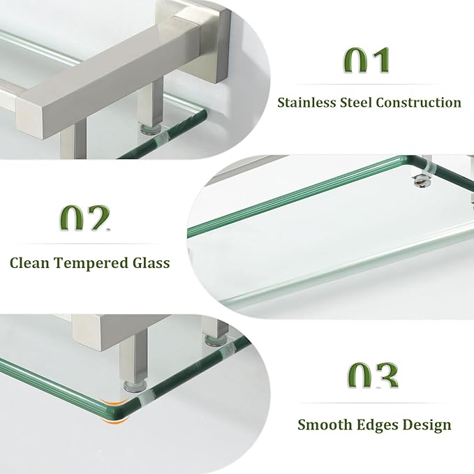 Alise Glass Shelves for Bathroom Wall, Tempered Glass Bathroom Shelf Wall Mounted, Modern Space Saving Floating Shelves 12 inch, Brushed Nickel-Ruum Studio Home