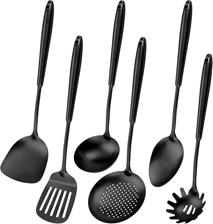 304 Stainless Steel Cooking Utensils,6 Pcs Kitchen Cooking Utensils Set with Spatula, Solid Spoon, Ladle, Skimmer, Spaghetti Spoon,Dishwasher Safe(Black)-Ruum Studio Home