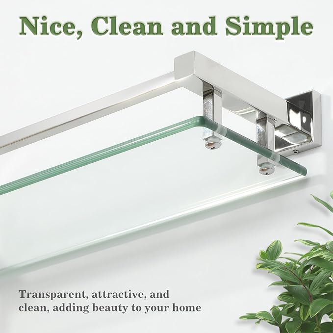 Alise Bathroom Shelves, Polished Chrome Glass Shelf for Bathroom, Modern Floating Shelves, 20 inch-Ruum Studio Home