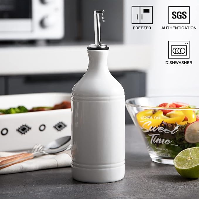 Sweejar Ceramic Olive Oil Dispenser Bottle, Opaque Oil Cruet Protects Oil to Reduce Oxidation, Suitable for Storage Oil, Vinegar, Coffee Syrups & Other Liquids, Pack of 1, 15.5 Fl Oz (White)-Ruum Studio Home