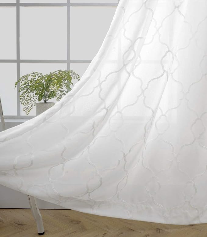 MIUCO Moroccan Embroidery Semi Sheer Curtains Faux Linen Grommet Window Curtains for Bedroom Living Room 63 Inch Length 2 Panels, Pure White-Ruum Studio Home