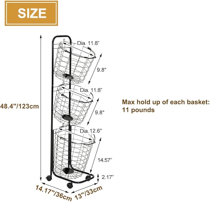3 Tier Laundry Basket with Rolling Lockable Wheels Wire Metal Sorter Storage Trolley Shelf Basket Durable Metal Sorter Clothes Storage Trolley Shelf with Removable Hamper for Organizing Clothes-Ruum Studio Home