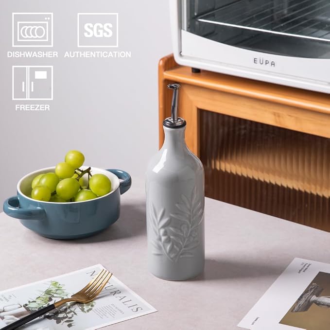 Sweejar Ceramic Olive Oil Dispenser Bottle, 20 Oz Relief Opaque Oil Cruet Protects Oil To Reduce Oxidation, Suitable for Storage Oil, Vinegar, Soy Sauce, Coffee Syrup, Liquids, Set of 1 (Gray)-Ruum Studio Home