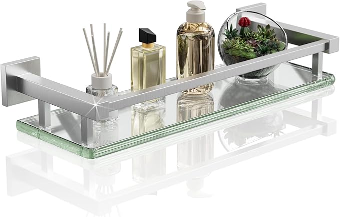 Alise Bathroom Glass Shelf with Stainless Steel Railing, Brushed Nickel Small Tempered Glass Floating Wall Shelf Over The Toilet, 16 inch-Ruum Studio Home
