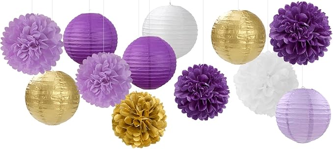 Purple White-Gold Party-Decorations Paper Flowers Lanterns - 15PCS Graduation Lavender Tissue Pom Poms Streamers,Wedding Birthday Bachelorette Baby Shower Classroom Hanging Supplies Decor Hugfond-Ruum Studio Home