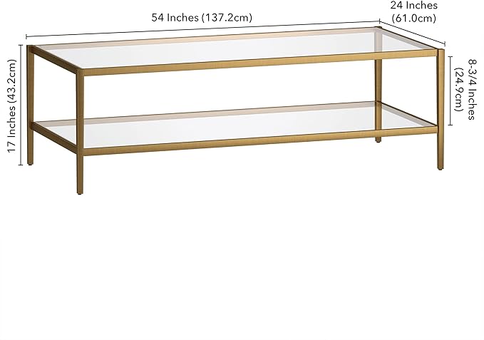 Henn&Hart 54" Wide Rectangular Coffee Table with Glass Shelf in Antique Brass, Modern coffee tables for living room, studio apartment essentials-Ruum Studio Home
