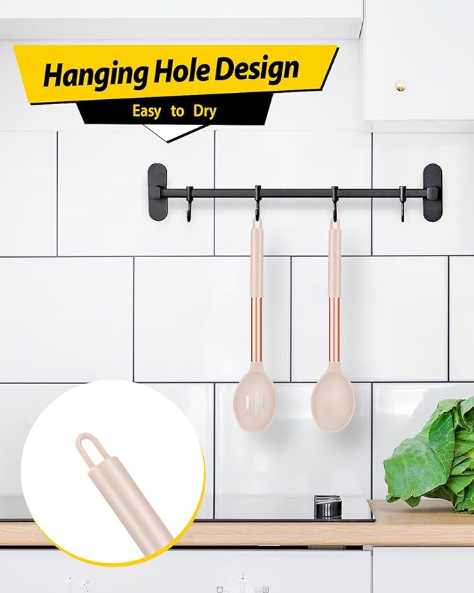 Pack of 2 Large Silicone Cooking Spoons,Non Stick Solid Basting Spoon,Heat-Resistant Kitchen Utensils for Mixing,Serving,Draining,Stirring (ROSE GOLD KHAKI)-Ruum Studio Home