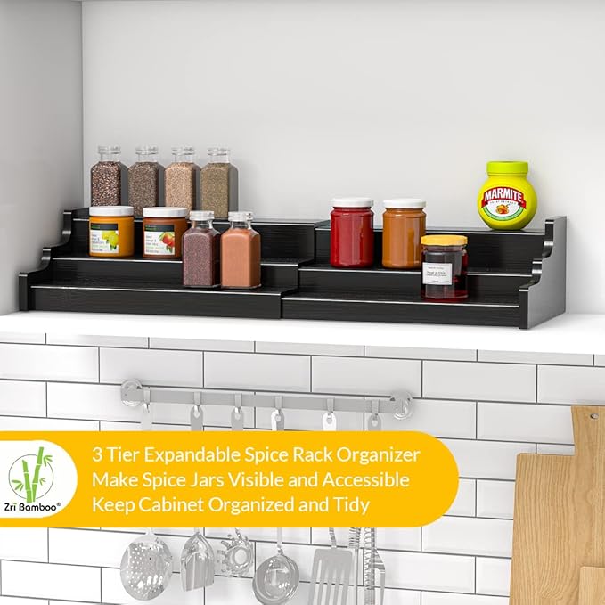 Spice Rack Organizer For Cabinet - 3 Tier Black Bamboo Wooden Expandable Display Shelf from 12.70 to 22.20 inch-Ruum Studio Home