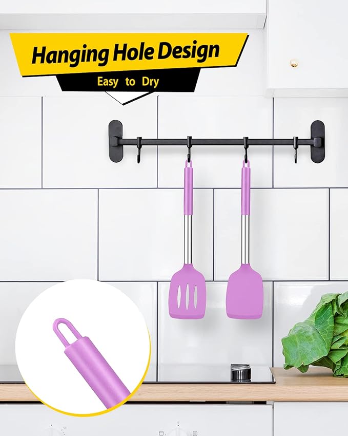 Pack of 2 Silicone Solid Turner, Non Stick Slotted Kitchen Spatulas, High Heat Resistant BPA Free Cooking Utensils, Ideal Cookware for Fish, Eggs, Pancakes(Purple)-Ruum Studio Home