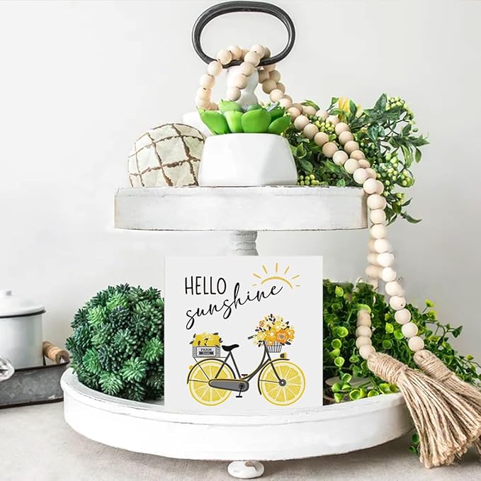 Lemon Decor Summer Decorations Hello Sunshine Wooden Sign Rustic Home Decor 5 x 5 Inches-Ruum Studio Home