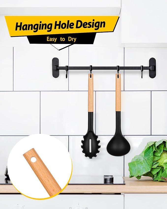 Silicone Pasta Fork and Ladle Spoon Set with Wooden Handle, Heat Resistant Non Stick Kitchen Utensils for Cooking, Stirring, Serving Spaghetti, Soup, Sauce(BLACK)-Ruum Studio Home